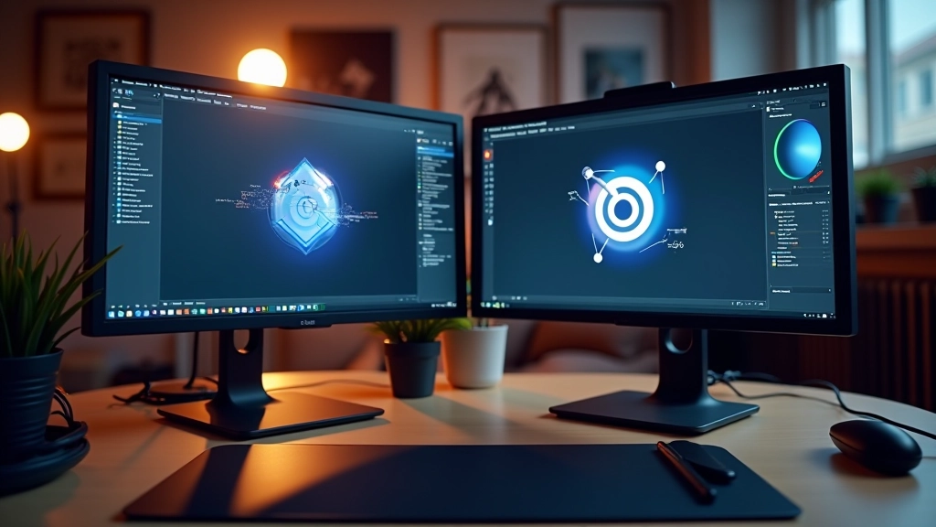 Espacio de trabajo moderno de Mikel en Donostia, computadora con software Blender abierto, pantalla dual, ambiente profesional de estudio creativo